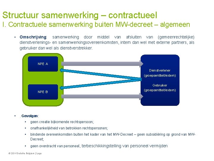 Structuur samenwerking – contractueel I. Contractuele samenwerking buiten MW-decreet – algemeen • Omschrijving: samenwerking