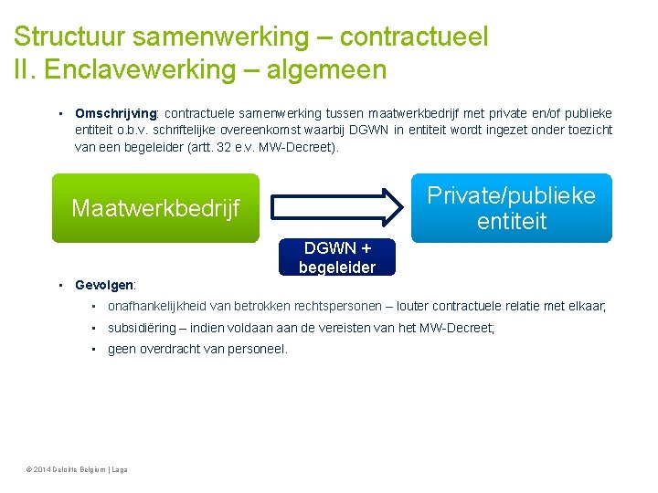 Structuur samenwerking – contractueel II. Enclavewerking – algemeen • Omschrijving: contractuele samenwerking tussen maatwerkbedrijf