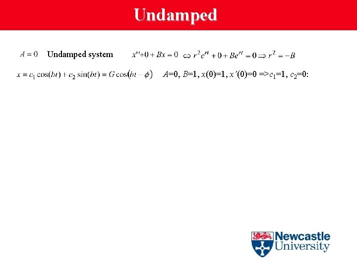 Undamped system A=0, B=1, x(0)=1, x’(0)=0 =>c 1=1, c 2=0: 