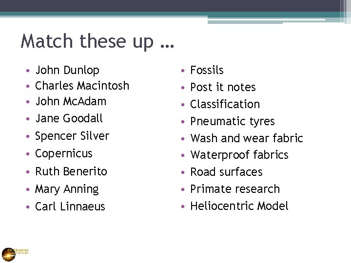 Match these up … • • • John Dunlop Charles Macintosh John Mc. Adam