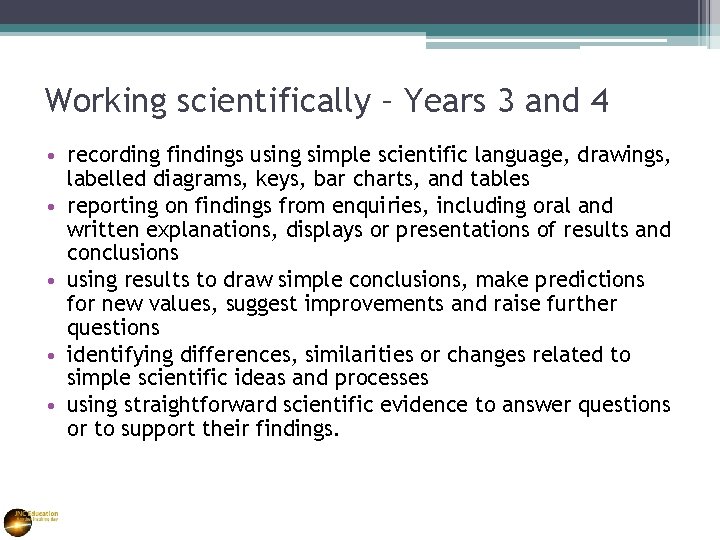 Working scientifically – Years 3 and 4 • recording findings using simple scientific language,