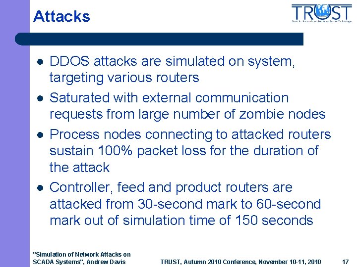 Attacks l l DDOS attacks are simulated on system, targeting various routers Saturated with