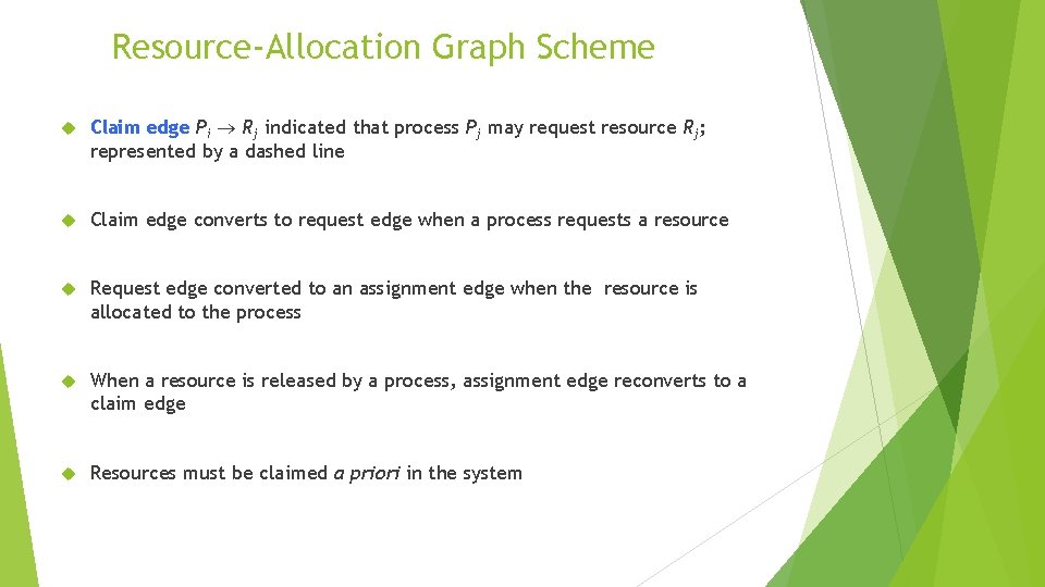 Resource-Allocation Graph Scheme Claim edge Pi Rj indicated that process Pj may request resource