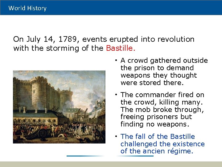 World History On July 14, 1789, events erupted into revolution with the storming of