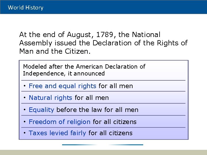 World History At the end of August, 1789, the National Assembly issued the Declaration