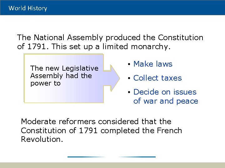 World History The National Assembly produced the Constitution of 1791. This set up a