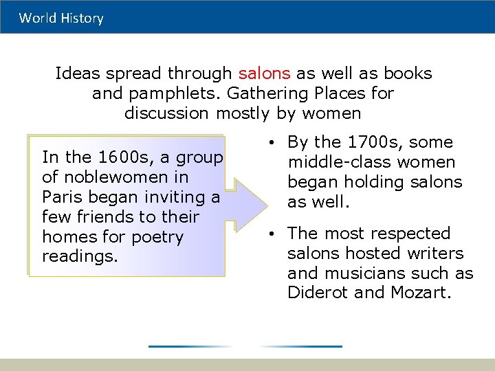 World History Ideas spread through salons as well as books and pamphlets. Gathering Places