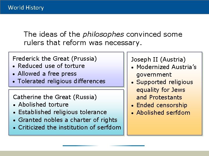 World History The ideas of the philosophes convinced some rulers that reform was necessary.