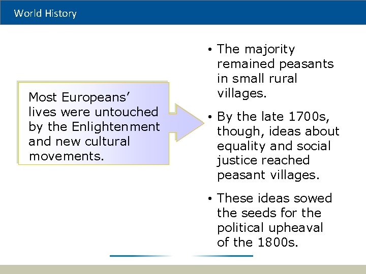 World History Most Europeans’ lives were untouched by the Enlightenment and new cultural movements.
