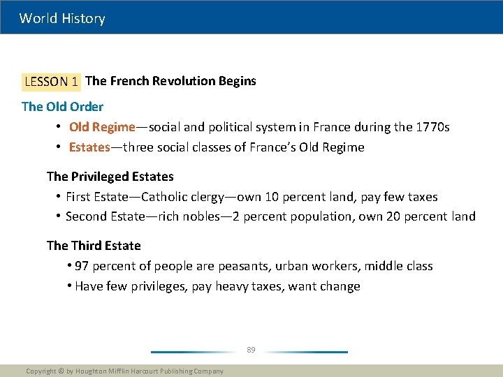 World History LESSON 1 The French Revolution Begins The Old Order • Old Regime—social