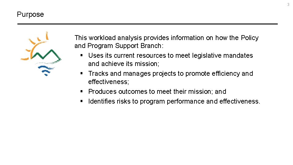3 Purpose This workload analysis provides information on how the Policy and Program Support