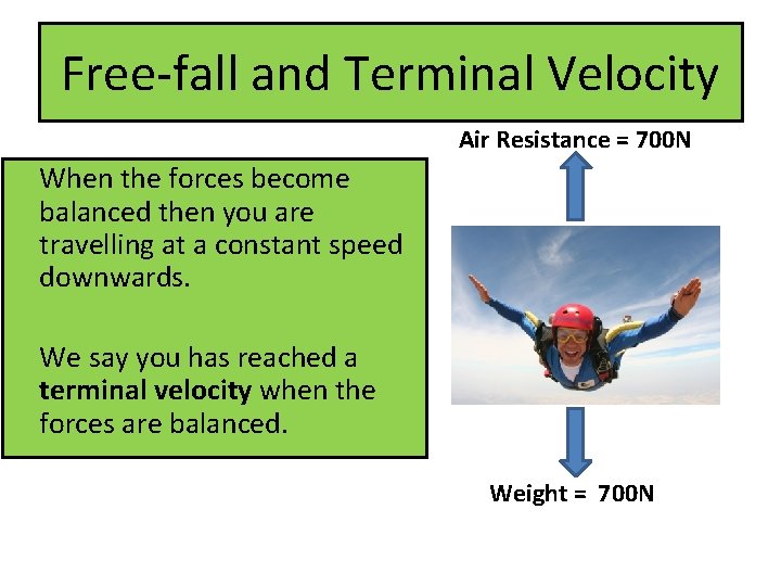 Free-fall and Terminal Velocity Air Resistance = 700 N When the forces become balanced Free-fall and Terminal Velocity Air Resistance = 700 N When the forces become balanced