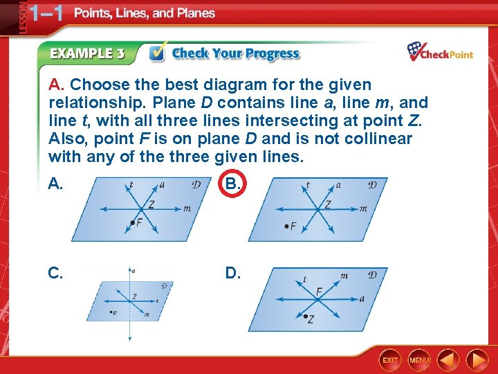 A. Choose the best diagram for the given relationship. Plane D contains line a,
