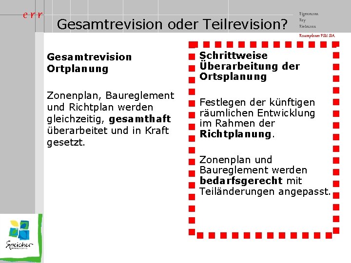 err Gesamtrevision oder Teilrevision? Eigenmann Rey Rietmann Raumplaner FSU SIA Gesamtrevision Ortplanung Schrittweise Überarbeitung