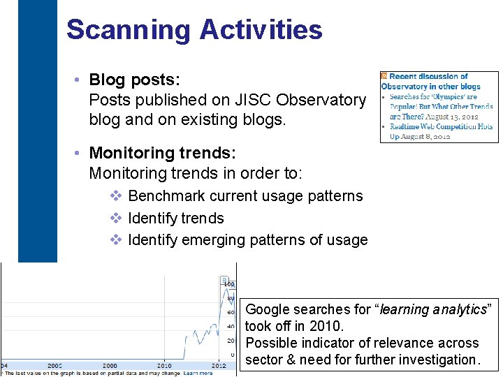 Scanning Activities • Blog posts: Posts published on JISC Observatory blog and on existing