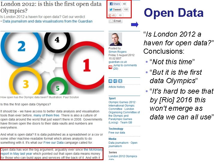 Open Data “Is London 2012 a haven for open data? ” Conclusions: • “Not