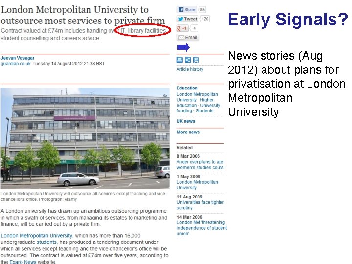 Early Signals? News stories (Aug 2012) about plans for privatisation at London Metropolitan University