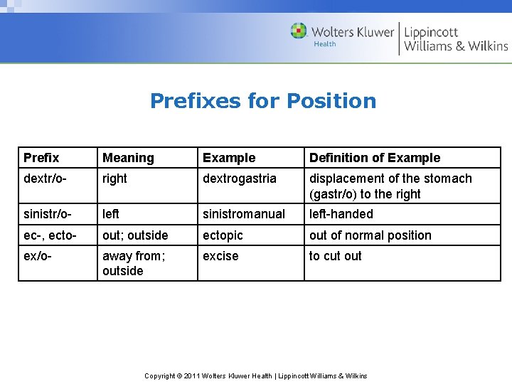 Prefixes for Position Prefix Meaning Example Definition of Example dextr/o- right dextrogastria displacement of