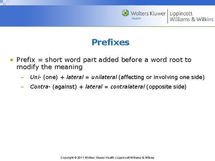Prefixes • Prefix = short word part added before a word root to modify