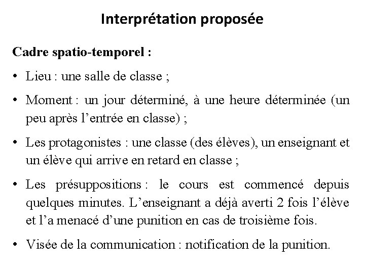 Interprétation proposée Cadre spatio-temporel : • Lieu : une salle de classe ; •