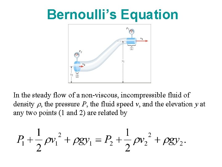 Bernoulli’s Equation In the steady flow of a non-viscous, incompressible fluid of density r, Bernoulli’s Equation In the steady flow of a non-viscous, incompressible fluid of density r,
