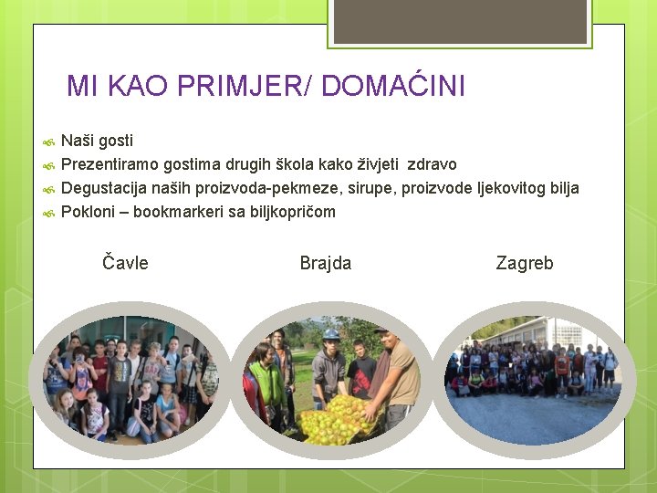 MI KAO PRIMJER/ DOMAĆINI Naši gosti Prezentiramo gostima drugih škola kako živjeti zdravo Degustacija