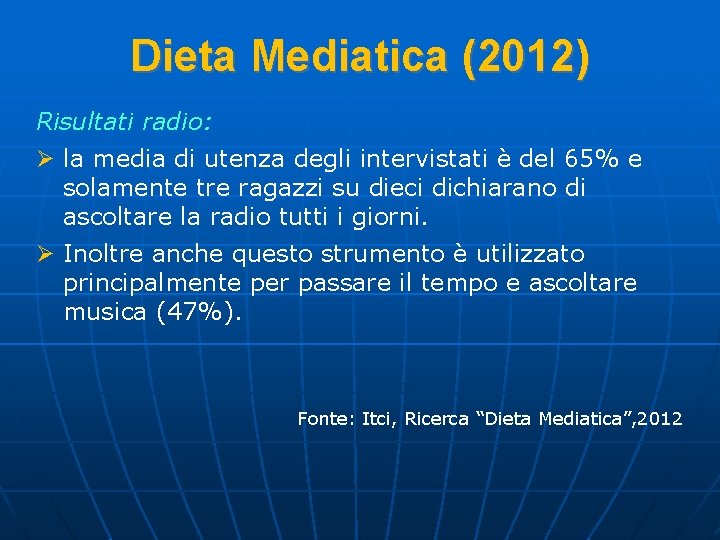 Dieta Mediatica (2012) Risultati radio: Ø la media di utenza degli intervistati è del