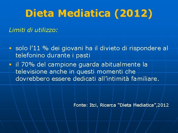 Dieta Mediatica (2012) Limiti di utilizzo: § solo l’ 11 % dei giovani ha