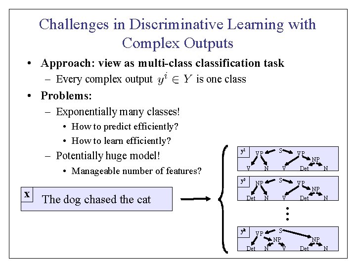 Challenges in Discriminative Learning with Complex Outputs • Approach: view as multi-classification task –