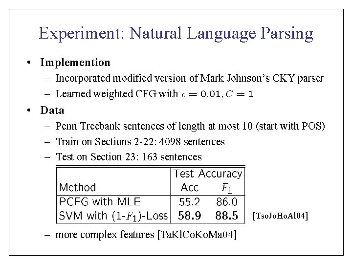 Experiment: Natural Language Parsing • Implemention – Incorporated modified version of Mark Johnson’s CKY
