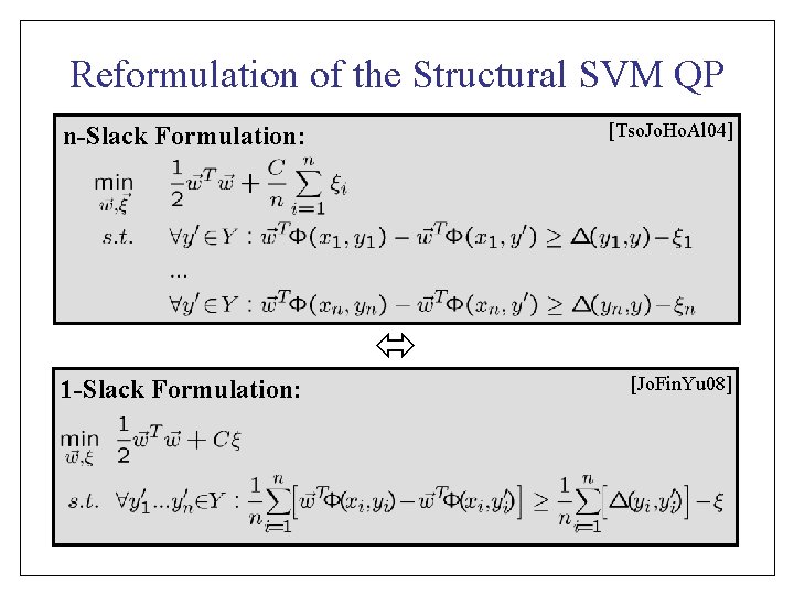 Reformulation of the Structural SVM QP [Tso. Jo. Ho. Al 04] n-Slack Formulation: 1
