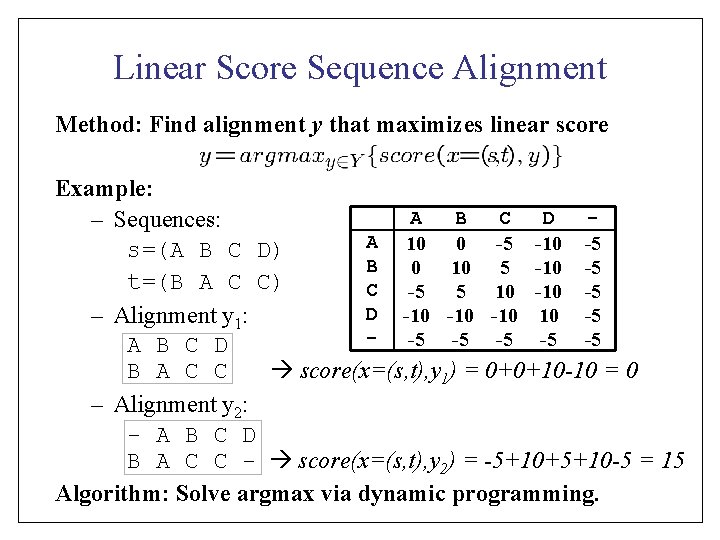 Linear Score Sequence Alignment Method: Find alignment y that maximizes linear score Example: A