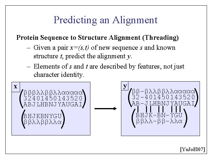 Predicting an Alignment Protein Sequence to Structure Alignment (Threading) – Given a pair x=(s,