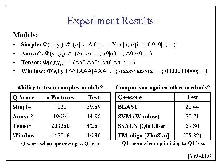Experiment Results Models: • • Simple: Ф(s, t, yi) (A|A; A|C; …; -|Y; α|α;