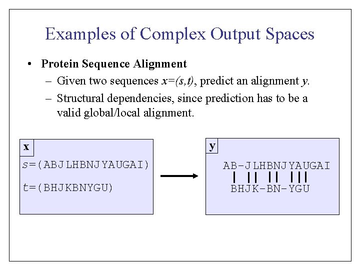 Examples of Complex Output Spaces • Protein Sequence Alignment – Given two sequences x=(s,