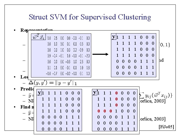 Struct SVM for Supervised Clustering • Representation y 1 1 1 1 0 0