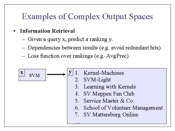 Examples of Complex Output Spaces • Information Retrieval – Given a query x, predict
