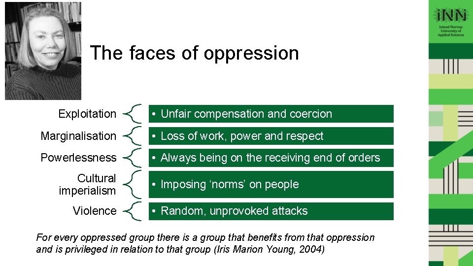 The faces of oppression Exploitation • Unfair compensation and coercion Marginalisation • Loss of