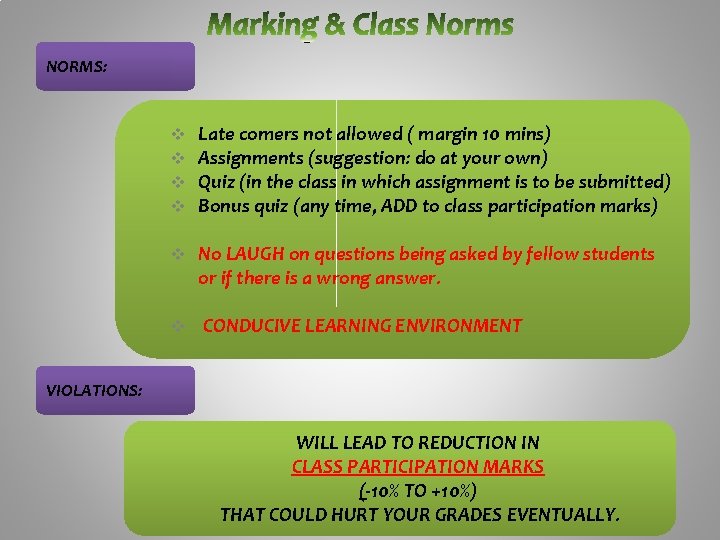 NORMS: v v Late comers not allowed ( margin 10 mins) Assignments (suggestion: do