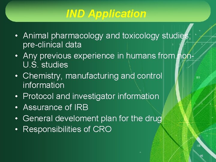 IND Application • Animal pharmacology and toxicology studies; pre-clinical data • Any previous experience