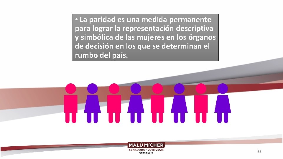  • La paridad es una medida permanente para lograr la representación descriptiva y