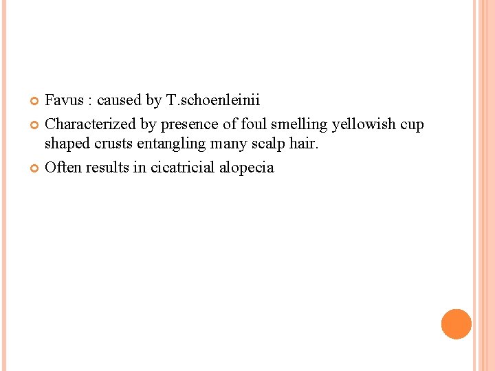 Favus : caused by T. schoenleinii Characterized by presence of foul smelling yellowish cup