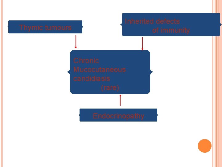 Thymic tumours Inherited defects of immunity Chronic Mucocutaneous candidiasis (rare) Endocrinopathy 