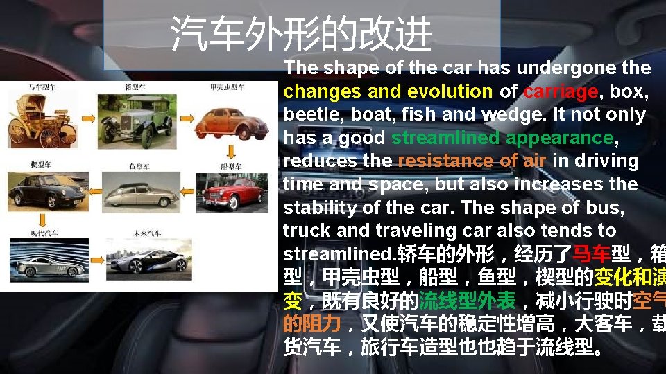 汽车外形的改进 The shape of the car has undergone the changes and evolution of carriage,