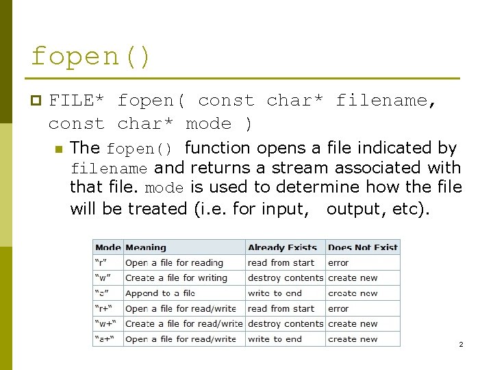 fopen() p FILE* fopen( const char* filename, const char* mode ) n The fopen()