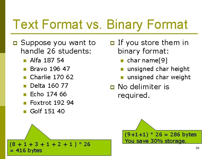 Text Format vs. Binary Format p Suppose you want to handle 26 students: n