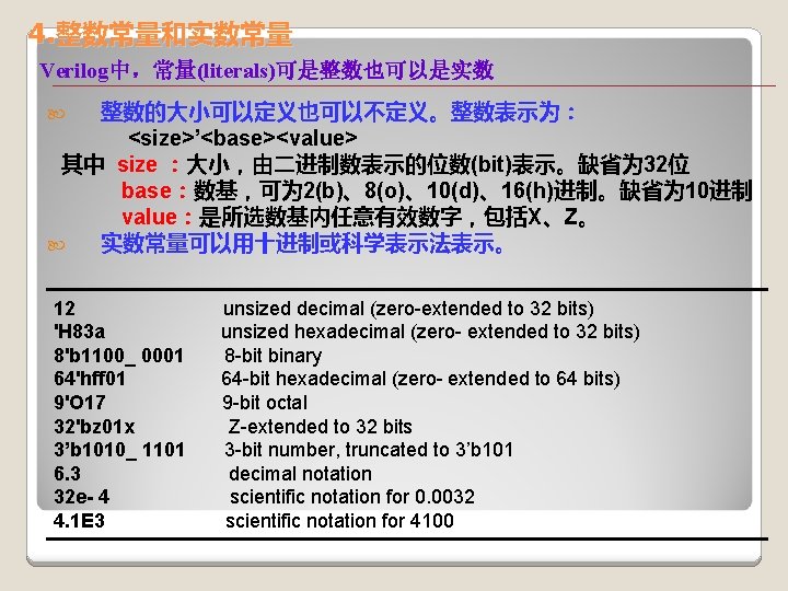 4. 整数常量和实数常量 Verilog中，常量(literals)可是整数也可以是实数 整数的大小可以定义也可以不定义。整数表示为： <size>’<base><value> 其中 size ：大小，由二进制数表示的位数(bit)表示。缺省为 32位 base：数基，可为 2(b)、8(o)、10(d)、16(h)进制。缺省为 10进制 value：是所选数基内任意有效数字，包括X、Z。 实数常量可以用十进制或科学表示法表示。