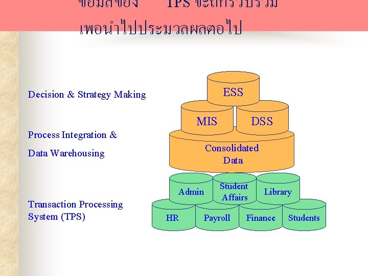 ขอมลของ TPS จะถกรวบรวม เพอนำไปประมวลผลตอไป ESS Decision & Strategy Making MIS DSS Process Integration &