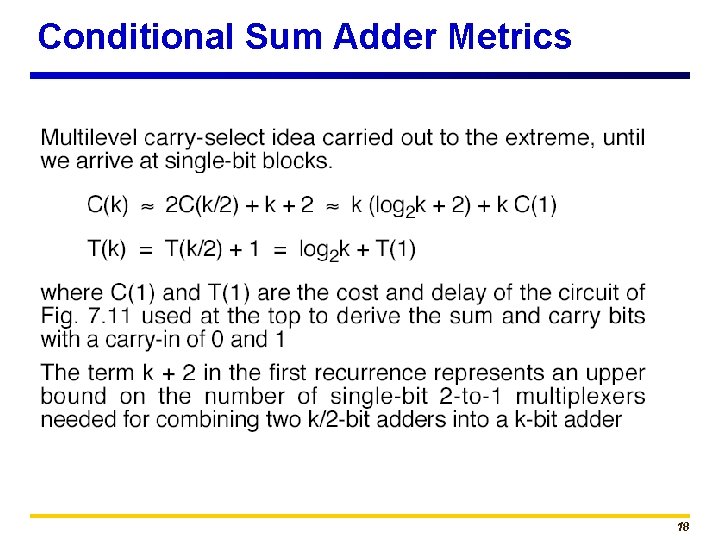 Conditional Sum Adder Metrics 18 