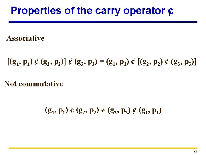 Properties of the carry operator ¢ Associative [(g 1, p 1) ¢ (g 2,